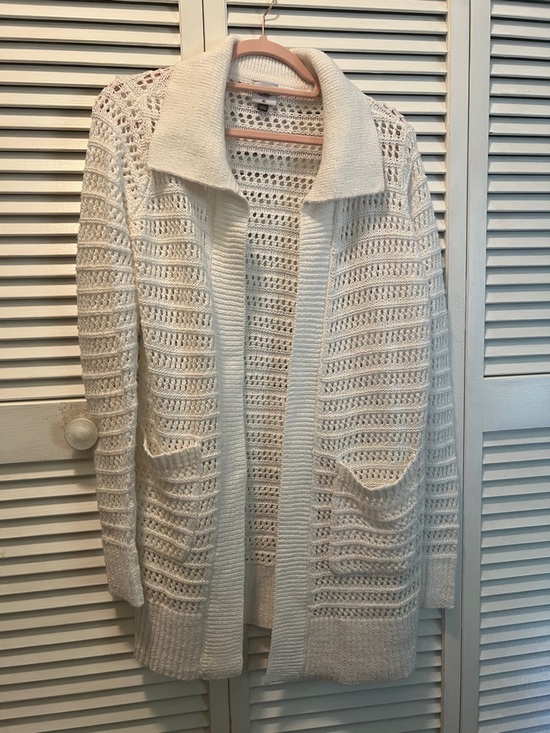CAbi Sweaters - #1765** CAbi Cream Open-Weave Crochet Cardigan